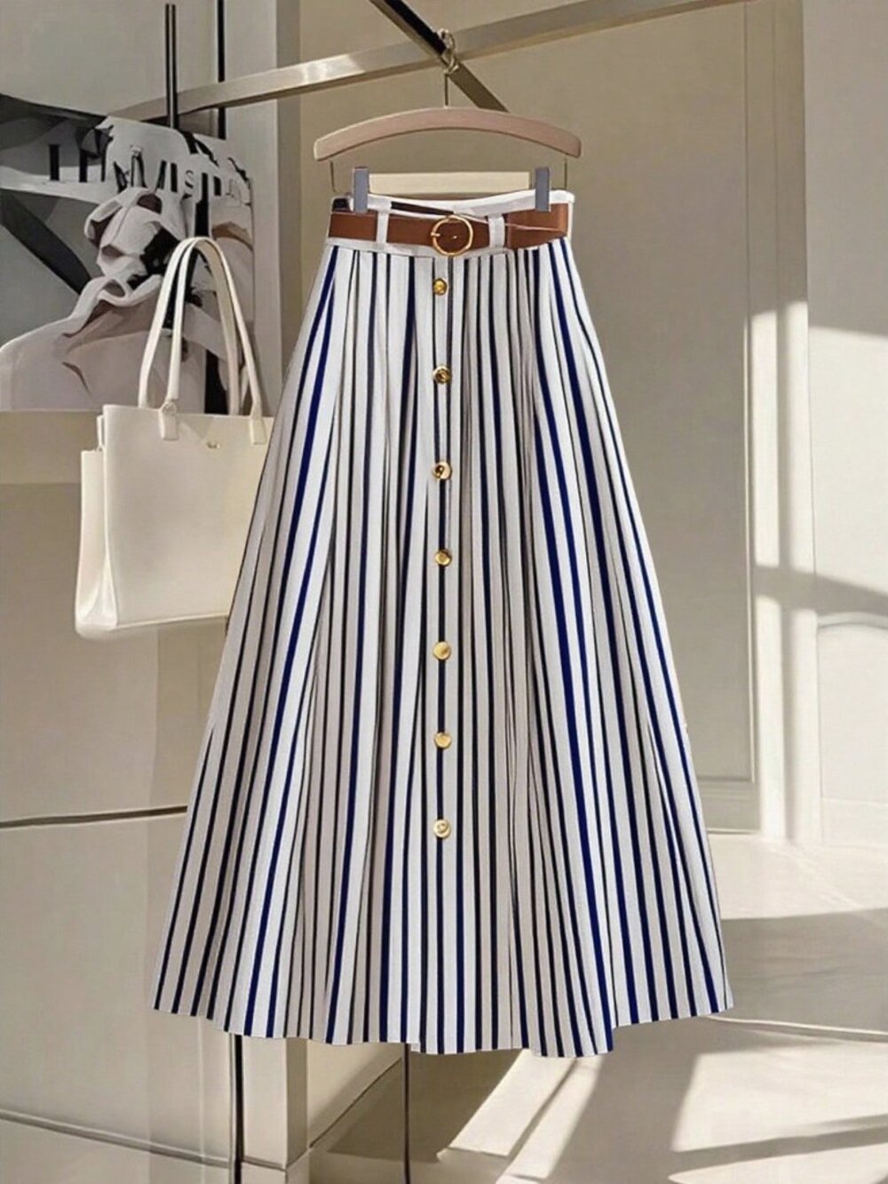 Navy Blue Casual Women's Elastic Waist Pleated Maxi Skirt With Faux Leather Belt